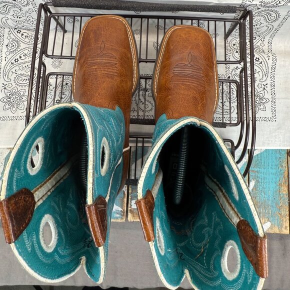 Ariat Crossfire Unisex Youth Size 2.5 Teal Blue Brown Cowboy Boots 10005989 - Picture 9 of 10